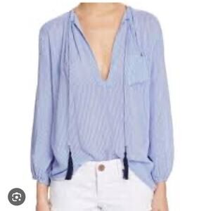 Faithfull The Brand Alice Blue & White Bohemian Tassel Blouse Size small